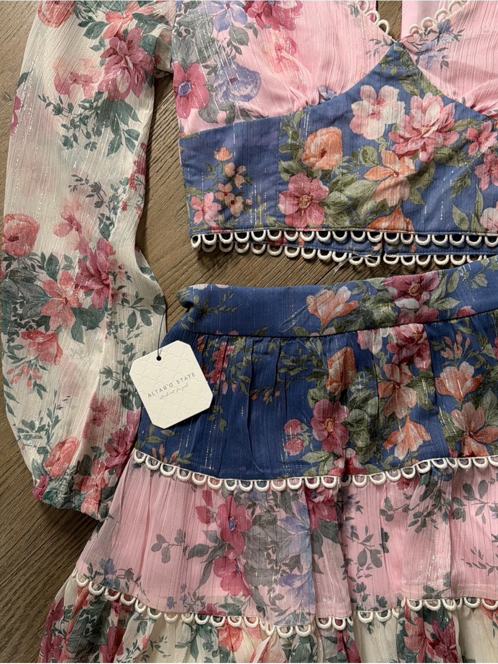 Altar'd State Pink Floral Sheer Lace-Trim Top and Matching Skirt Set. XS - Picture 3 of 6
